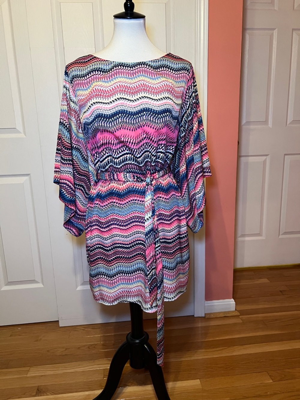 Mark & Co. Pink Multicolor Geometric Belted Sheath Dress M Knit 3/4 Sleeve